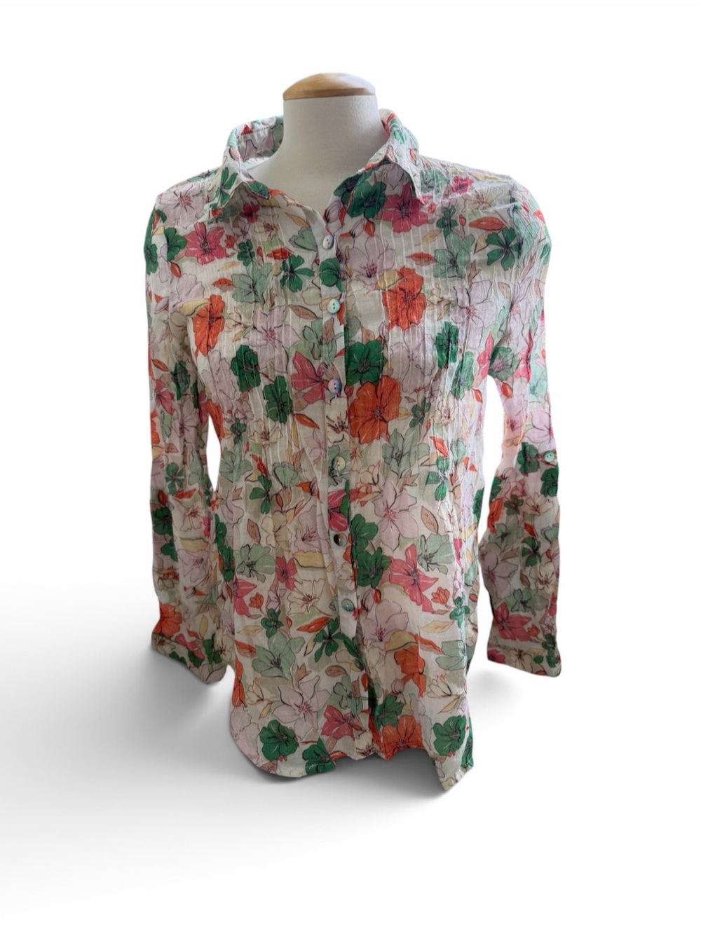 Button-Front Floral Shirt in White with Green & Orange Accents